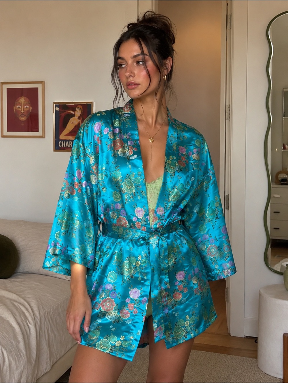 Vintage Satin Floral Kimono Robe in Turquoise